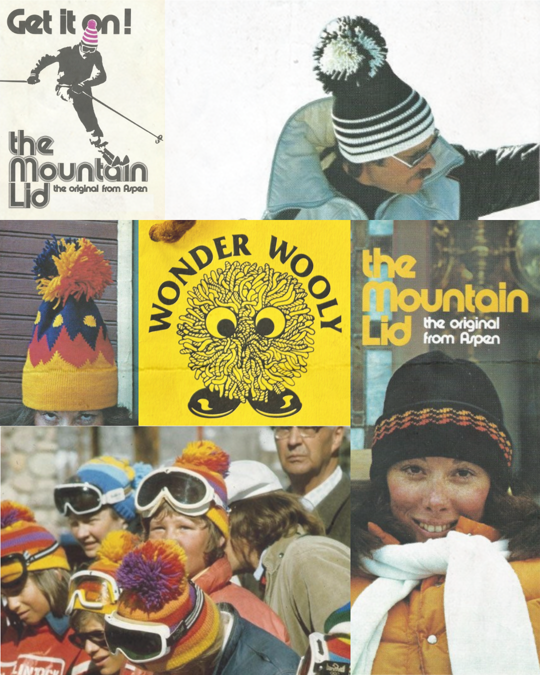 Collage of people wearing colorful hats and scarves with 'Wonder Woolly' and 'The Mountain Lid' branding.